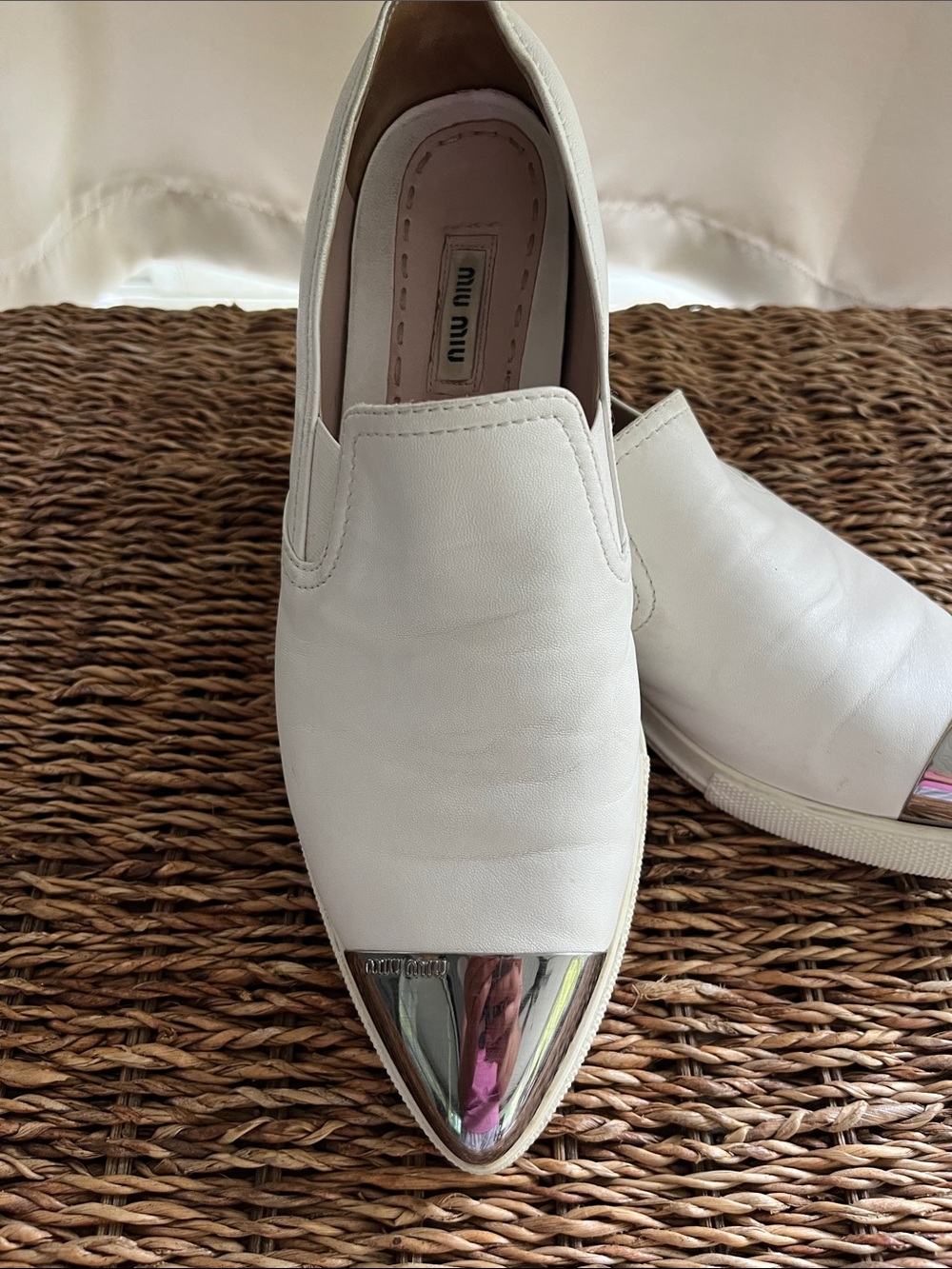 Women’s Miu Miu White/Cream Leather Slip-Ons with Silver Cap Toes
